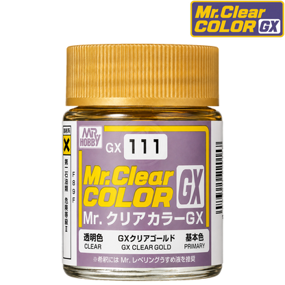 GSI Creos GX111 Clear Gold paint bottle with gold-colored cap and label, showcasing the product packaging for the GX111 paint series.