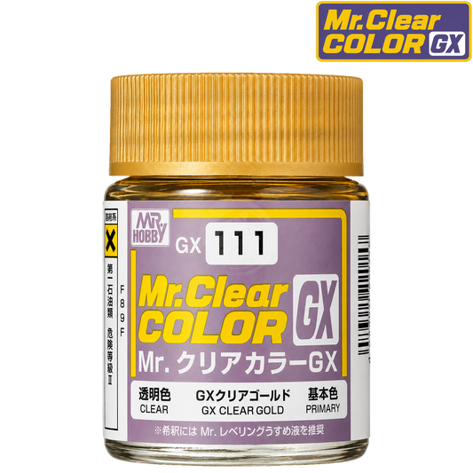 GSI Creos GX111 Clear Gold paint bottle with gold-colored cap and label, showcasing the product packaging for the GX111 paint series.