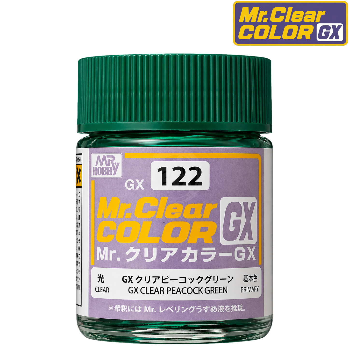GSI Creos GX Clear Peacock Green paint container with label showing the GX122 product code and vibrant green color.