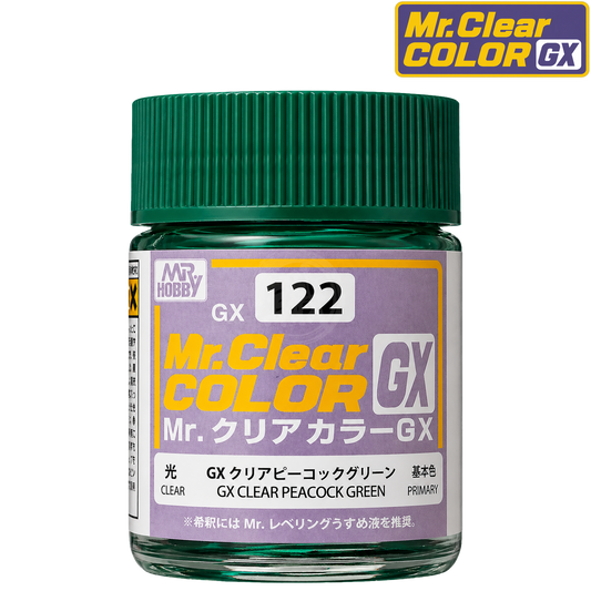 GSI Creos GX Clear Peacock Green paint container with label showing the GX122 product code and vibrant green color.