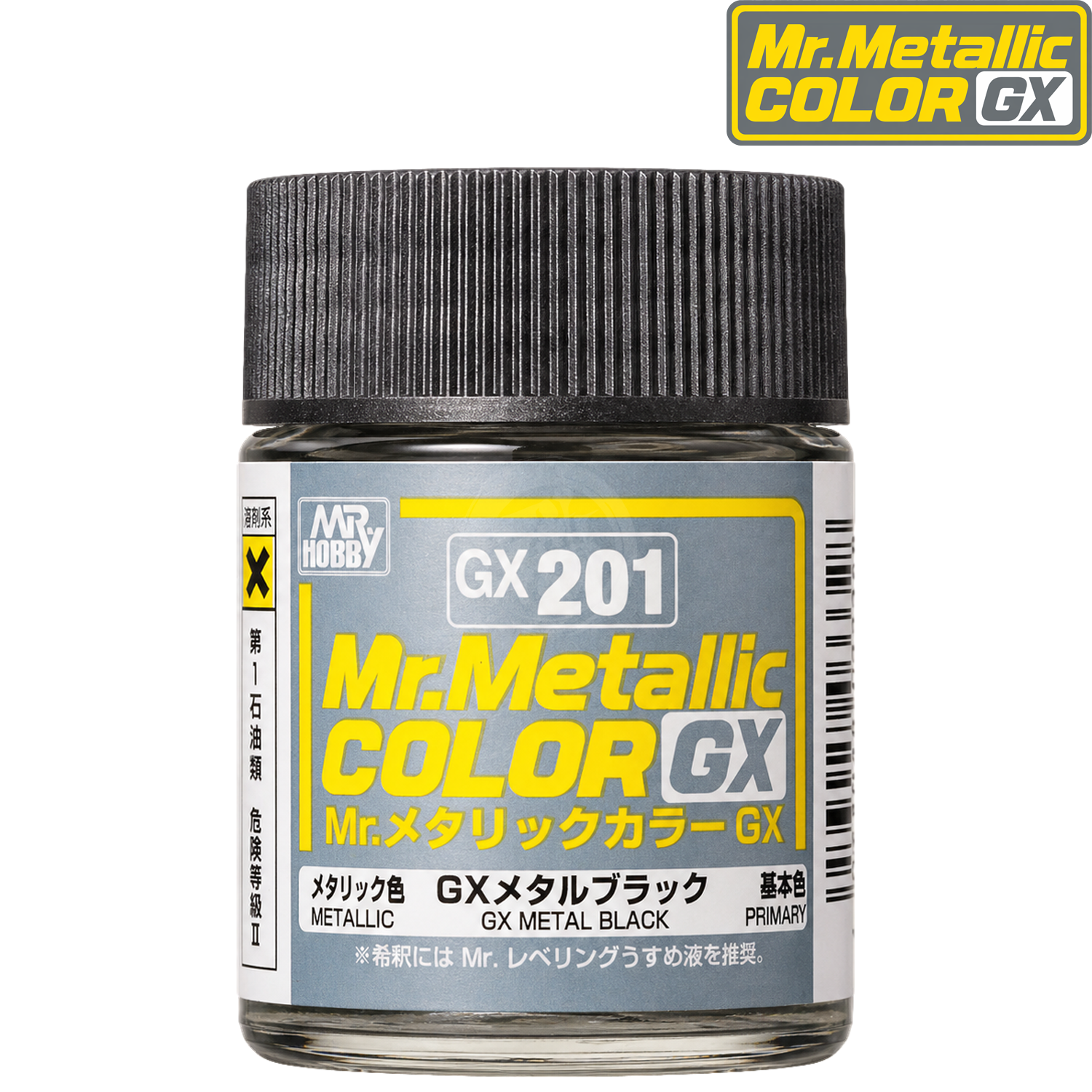 Black paint bottle labeled GX Metal Black by GSI Creos, with the cap removed showing the paint inside.