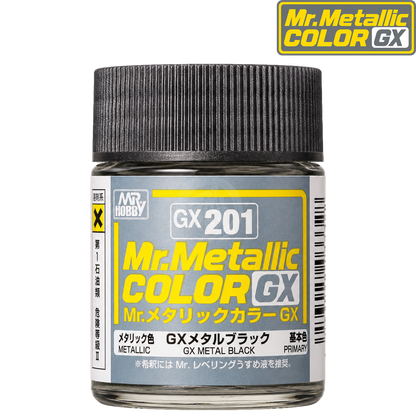 Black paint bottle labeled GX Metal Black by GSI Creos, with the cap removed showing the paint inside.