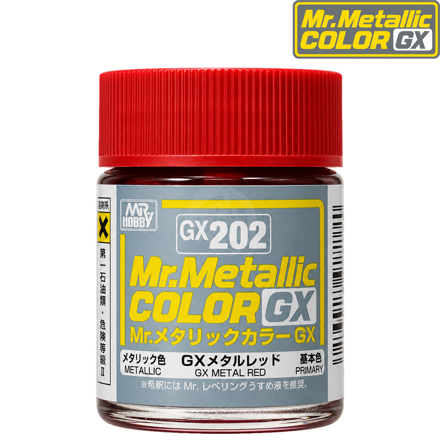 Red metal paint from GSI Creos GX series, GX202, shown in a container with a metal surface background.