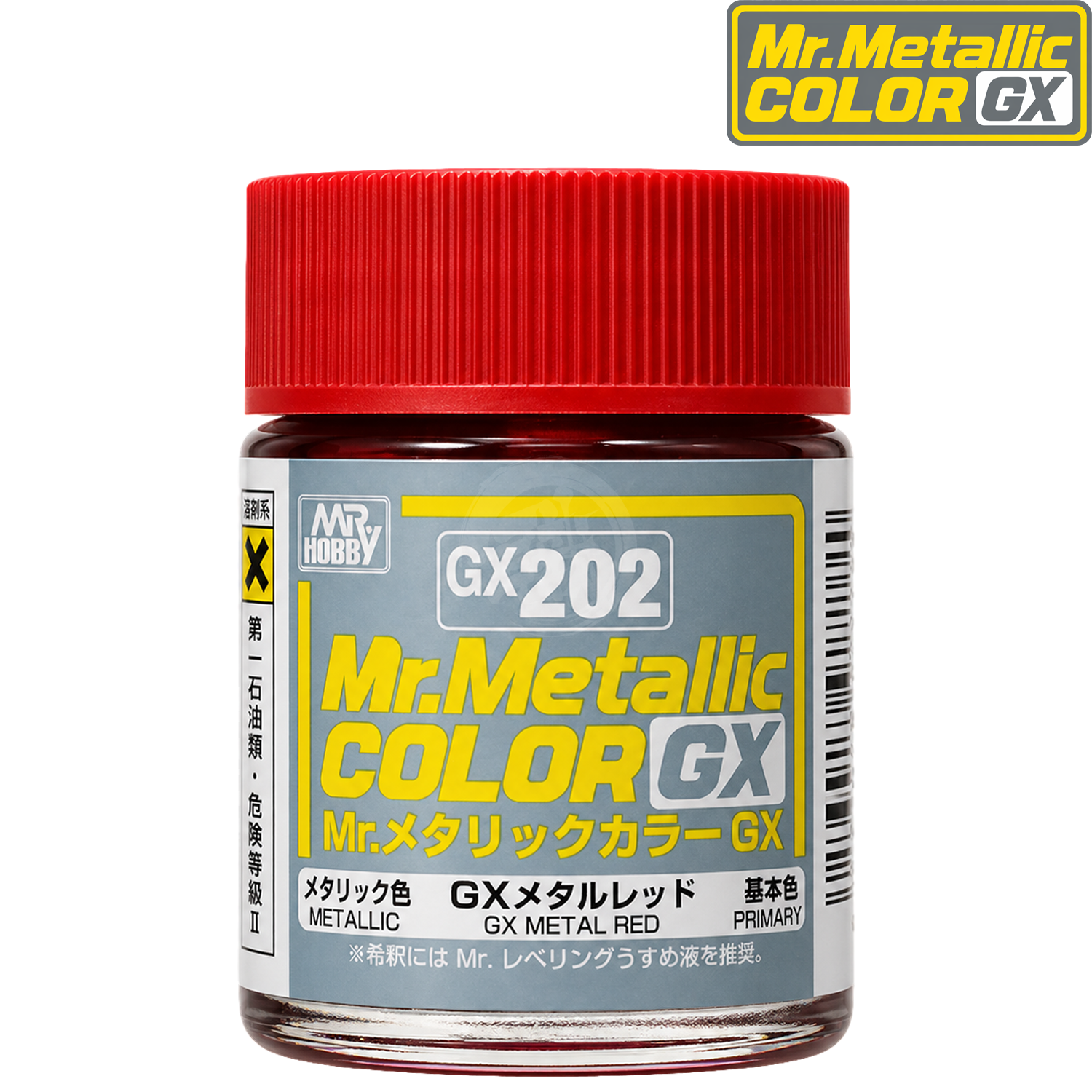 Red metal paint from GSI Creos GX series, GX202, shown in a container with a metal surface background.