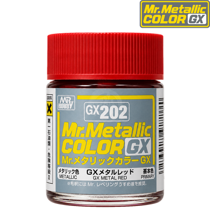 Red metal paint from GSI Creos GX series, GX202, shown in a container with a metal surface background.
