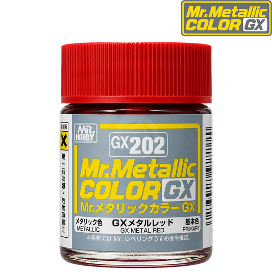 Red metal paint from GSI Creos GX series, GX202, shown in a container with a metal surface background.