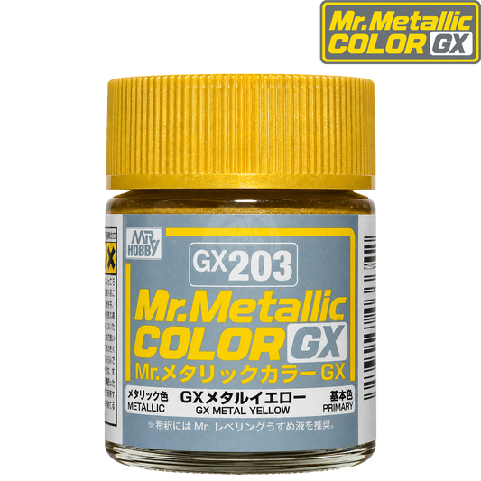 Yellow GSI Creos GX203 metal paint container with label and cap, designed for durable metal surface coating.