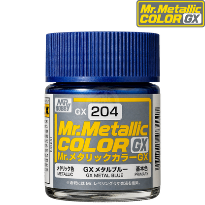 Blue GX Metal paint by GSI Creos, showing the metallic paint container with a blue label and cap.