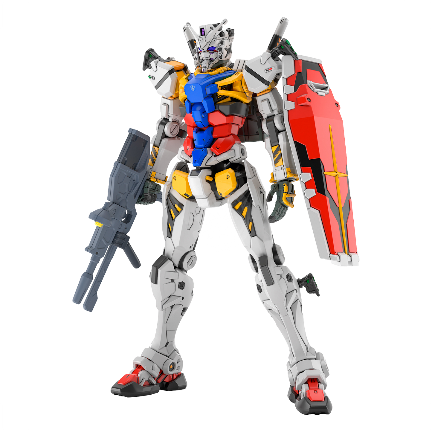 HG White Gundam model kit by Bandai, showcasing the detailed white plastic robot figure with articulated limbs.