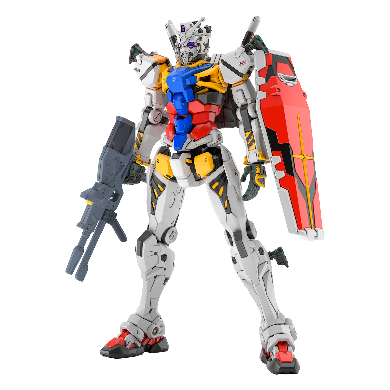 HG White Gundam model kit by Bandai, showcasing the detailed white plastic robot figure with articulated limbs.