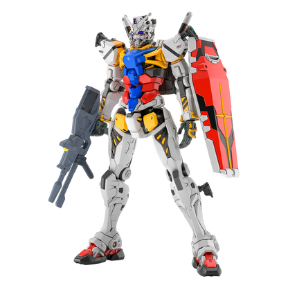 HG White Gundam model kit by Bandai, showcasing the detailed white plastic robot figure with articulated limbs.