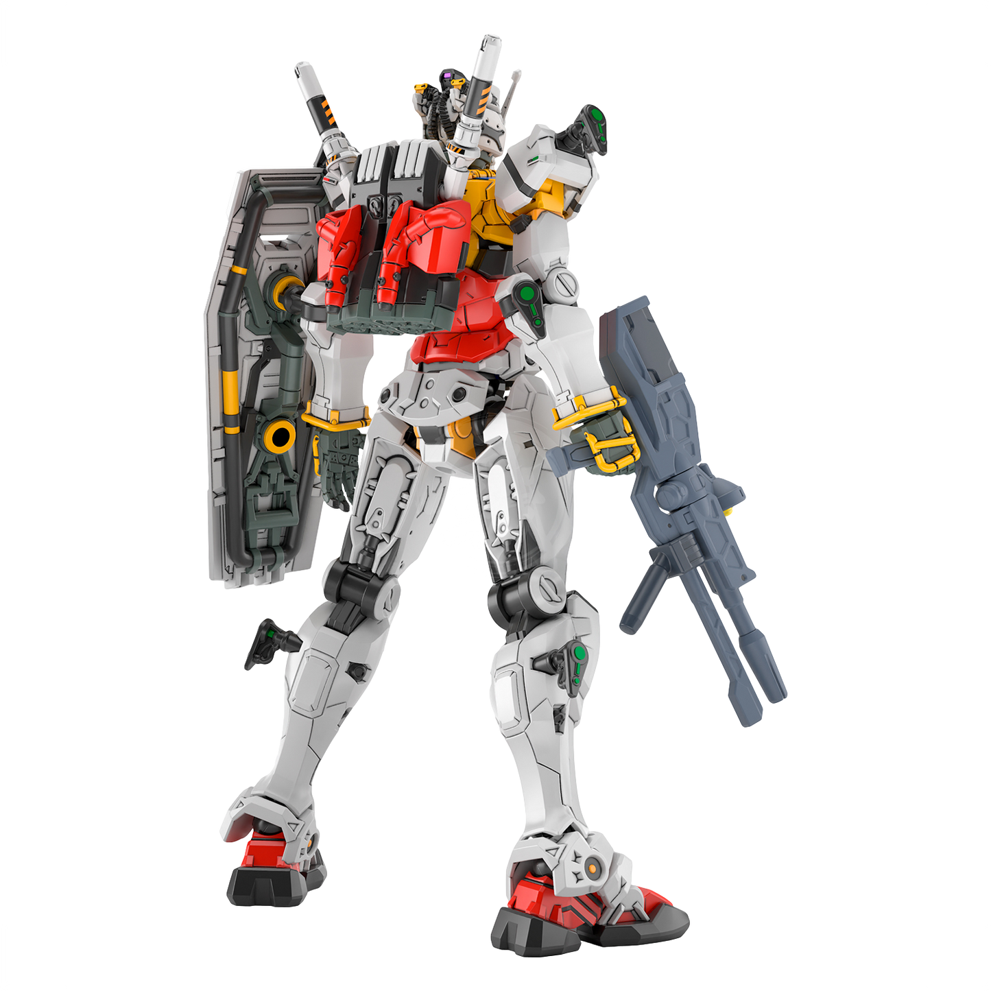 HG White Gundam model kit by Bandai, showing a detailed white plastic robot figure with assembled parts and cockpit details.