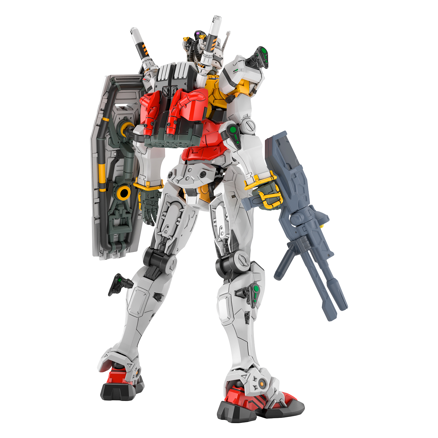 HG White Gundam model kit by Bandai, showing a detailed white plastic robot figure with assembled parts and cockpit details.