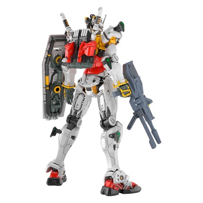 HG White Gundam model kit by Bandai, showing a detailed white plastic robot figure with assembled parts and cockpit details.