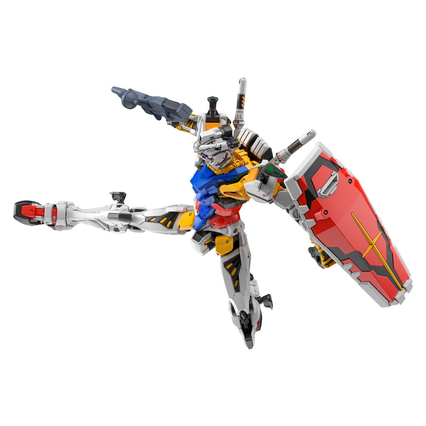 HG White Gundam model kit by Bandai, assembled figure with detailed white armor and poseable limbs.