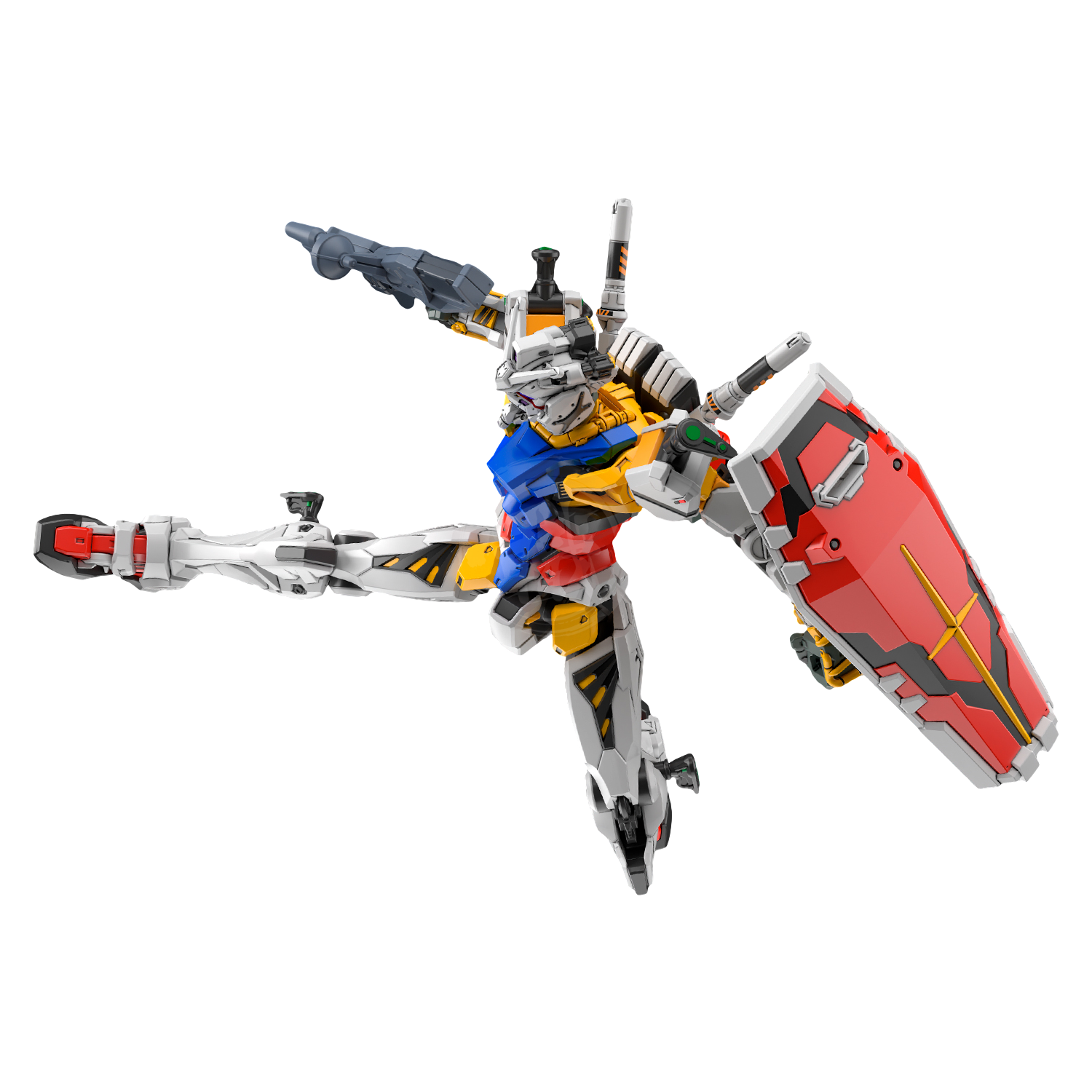 HG White Gundam model kit by Bandai, assembled figure with detailed white armor and poseable limbs.