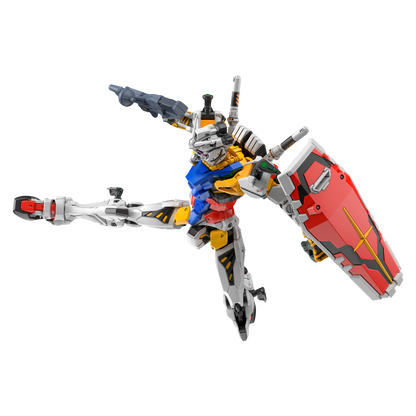 HG White Gundam model kit by Bandai, assembled figure with detailed white armor and poseable limbs.