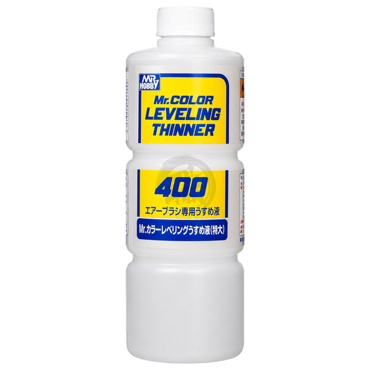 GSI Creos Mr. Color Leveling Thinner 400ml bottle for paint thinning and smooth finishes in model painting.