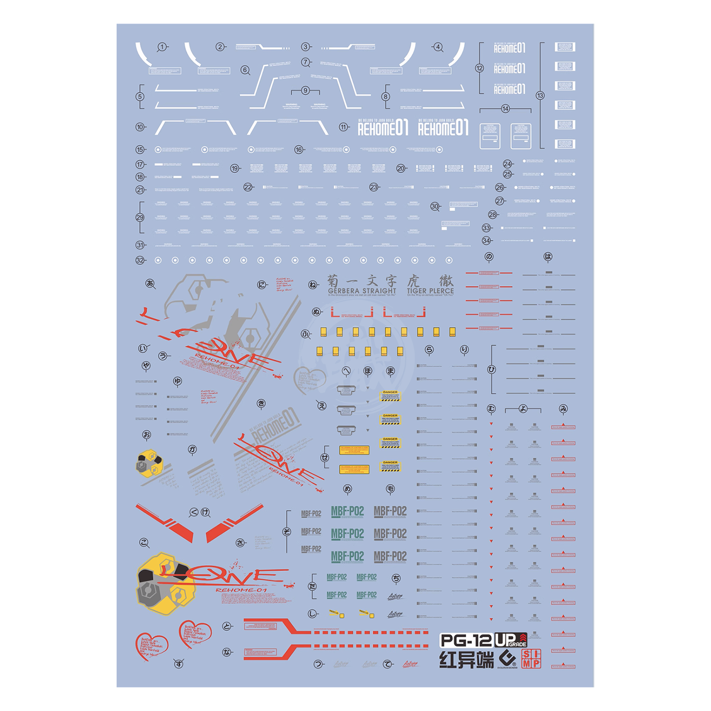 EVO Studio PG Gundam Astray Red Frame water slide decals with UV coating, shown on a sheet with colorful design elements.