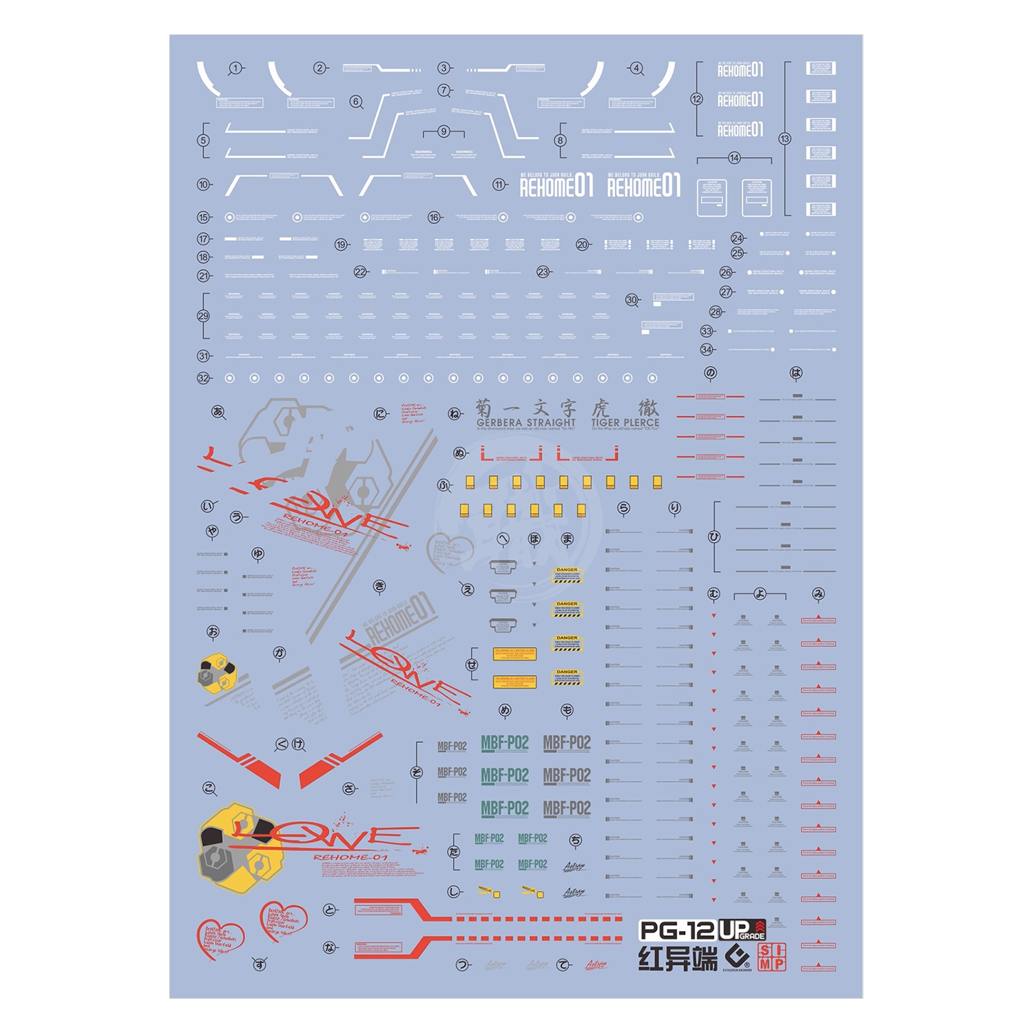 EVO Studio PG Gundam Astray Red Frame water slide decals with UV coating, shown on a sheet with colorful design elements.