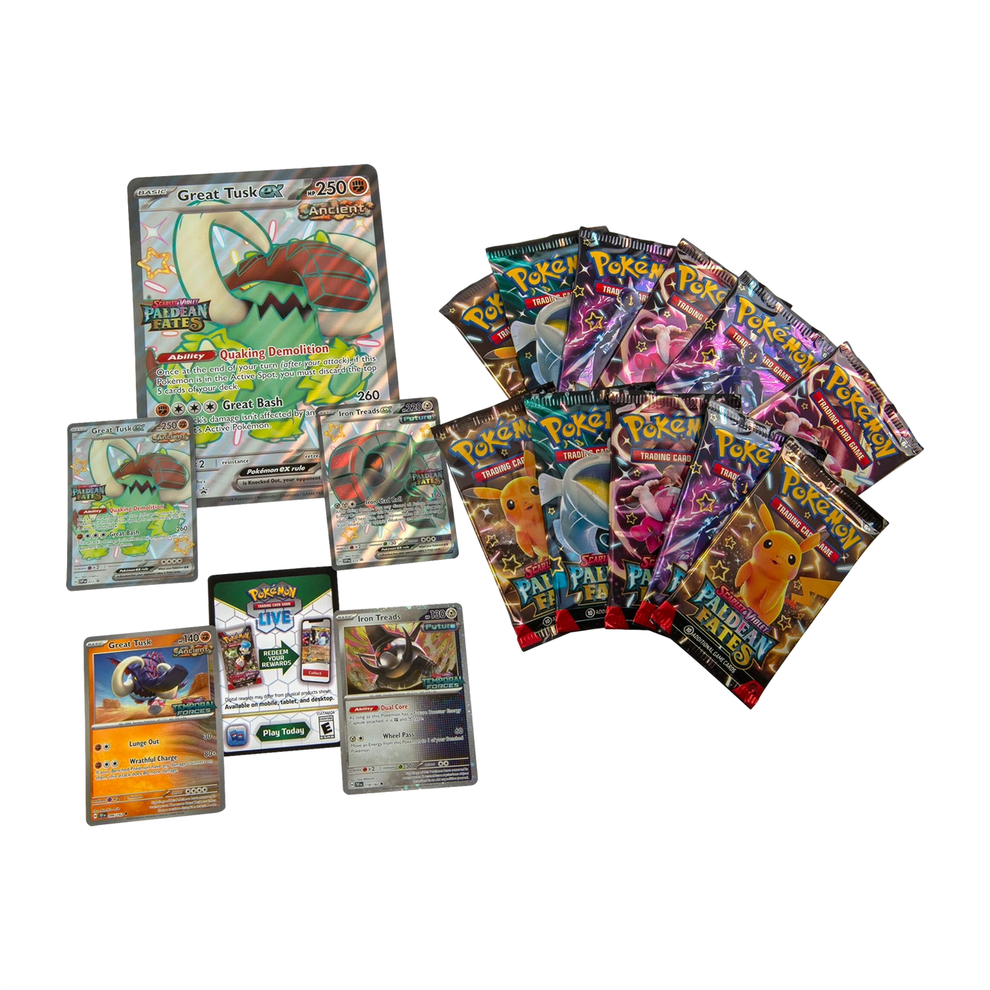 Pokemon TCG Great Tusk EX and Iron Treads EX Premium Collection box with artwork and card displays.