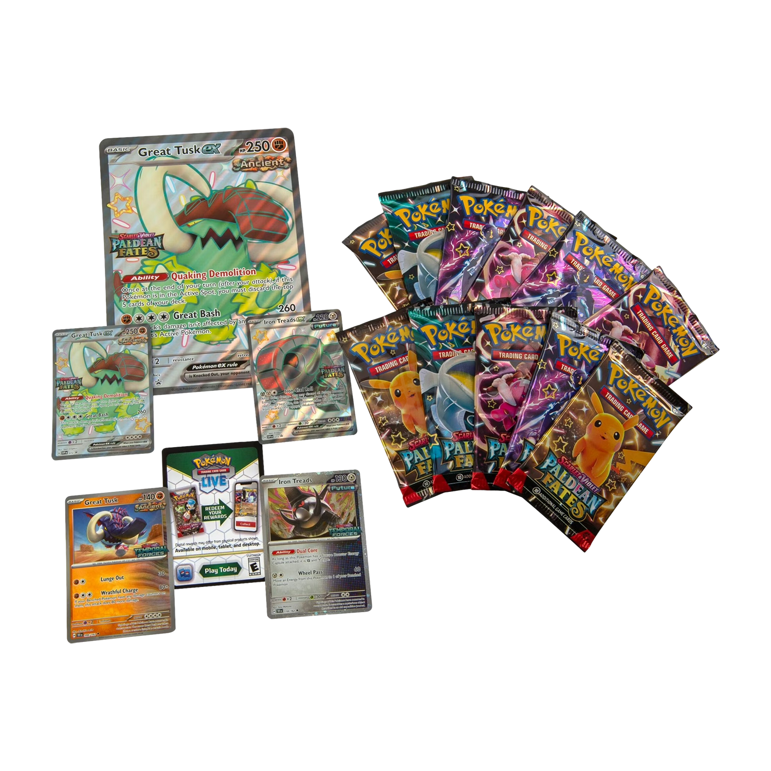 Pokemon TCG Great Tusk EX and Iron Treads EX Premium Collection box with artwork and card displays.