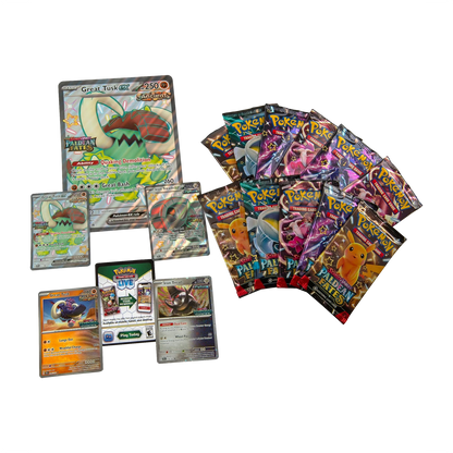Pokemon TCG Great Tusk EX and Iron Treads EX Premium Collection box with artwork and card displays.