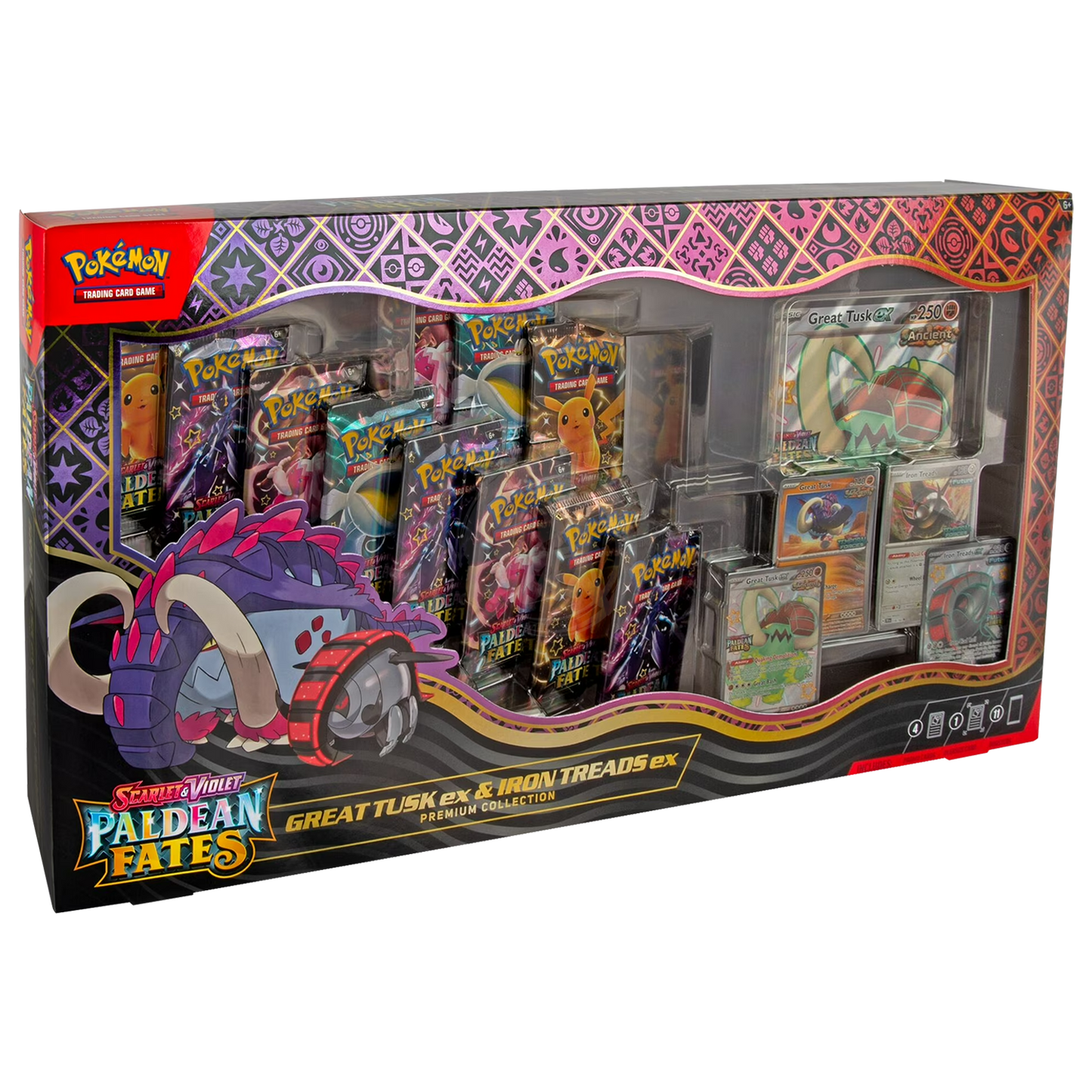 Pokemon TCG Great Tusk EX and Iron Treads EX cards from the Premium Collection set, featuring vibrant artwork and detailed design.