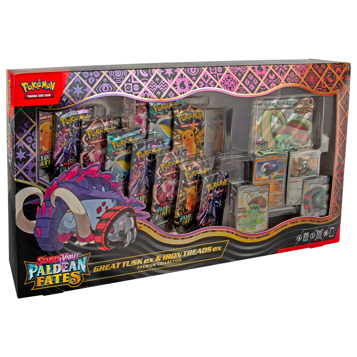 Pokemon TCG Great Tusk EX and Iron Treads EX cards from the Premium Collection set, featuring vibrant artwork and detailed design.