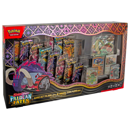 Pokemon TCG Great Tusk EX and Iron Treads EX cards from the Premium Collection set, featuring vibrant artwork and detailed design.