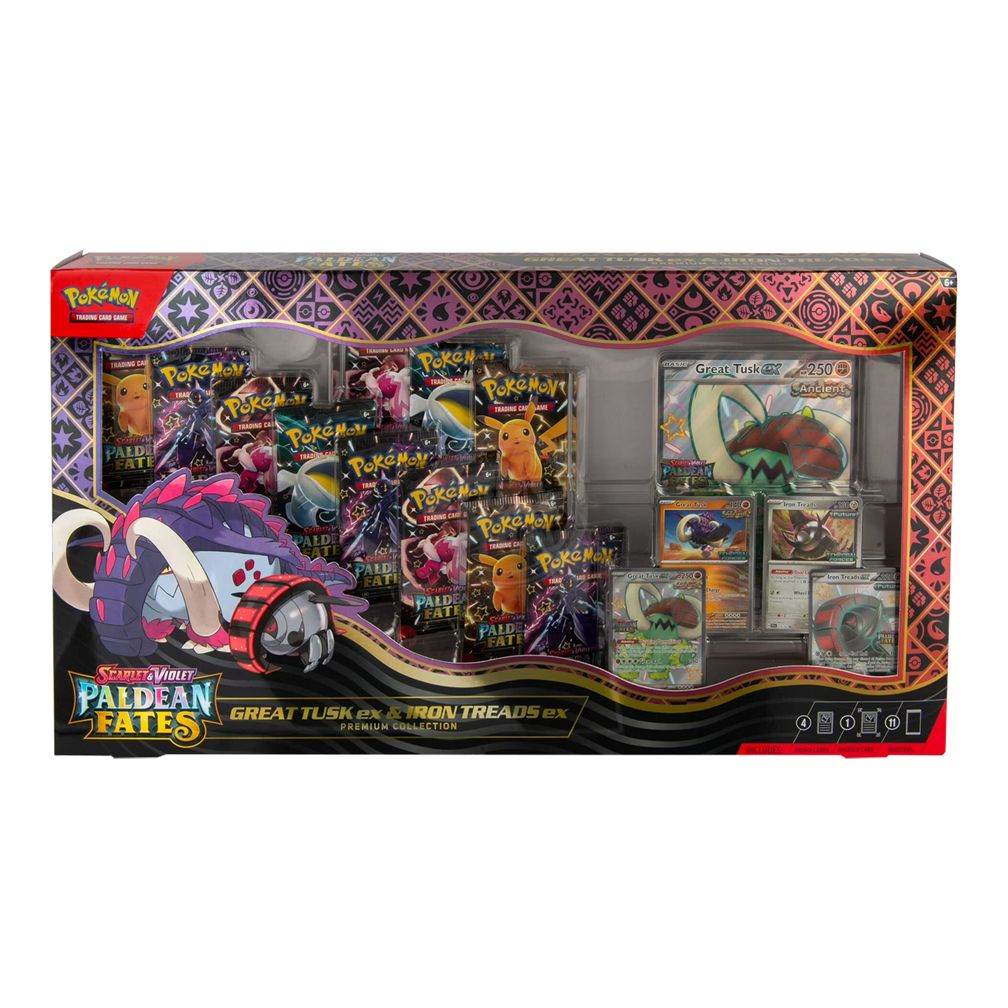 Image of Great Tusk EX and Iron Treads EX Pokémon cards from the Pokémon TCG Premium Collection set.