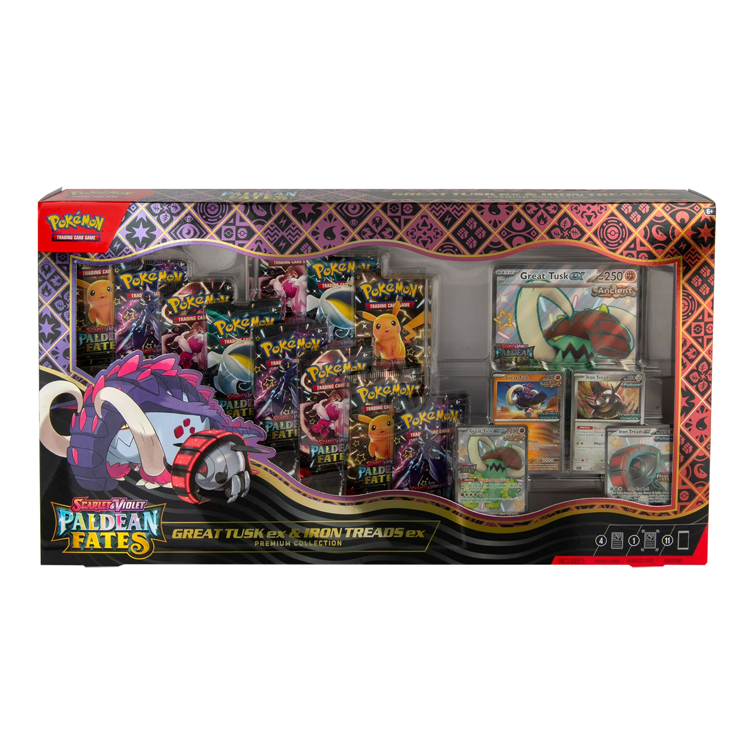 Image of Great Tusk EX and Iron Treads EX Pokémon cards from the Pokémon TCG Premium Collection set.