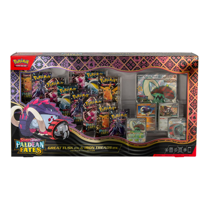 Image of Great Tusk EX and Iron Treads EX Pokémon cards from the Pokémon TCG Premium Collection set.