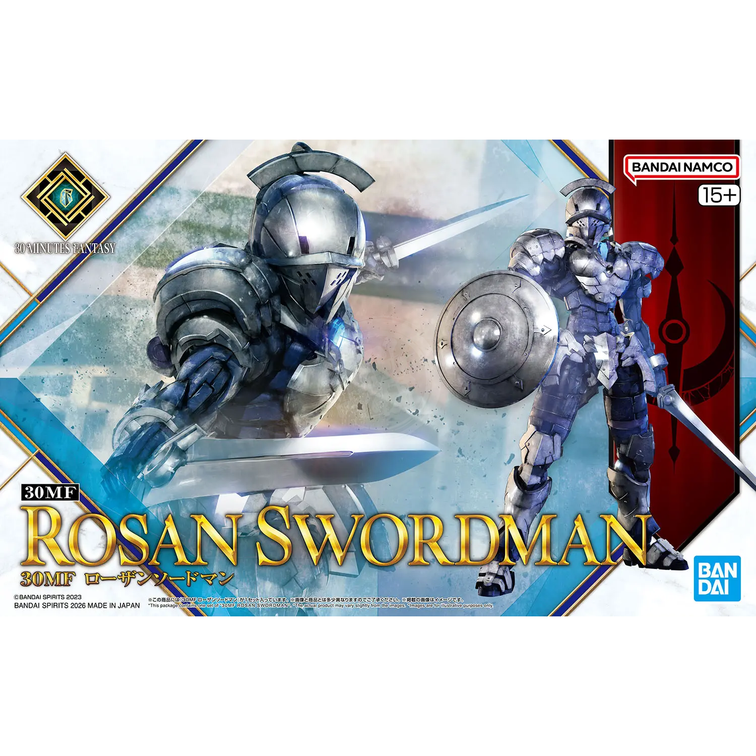 Bandai 30MF Rosan Swordman model kit featuring detailed armor and sword, assembled and posed on a neutral background.