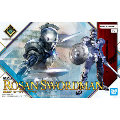 Bandai 30MF Rosan Swordman model kit featuring detailed armor and sword, assembled and posed on a neutral background.