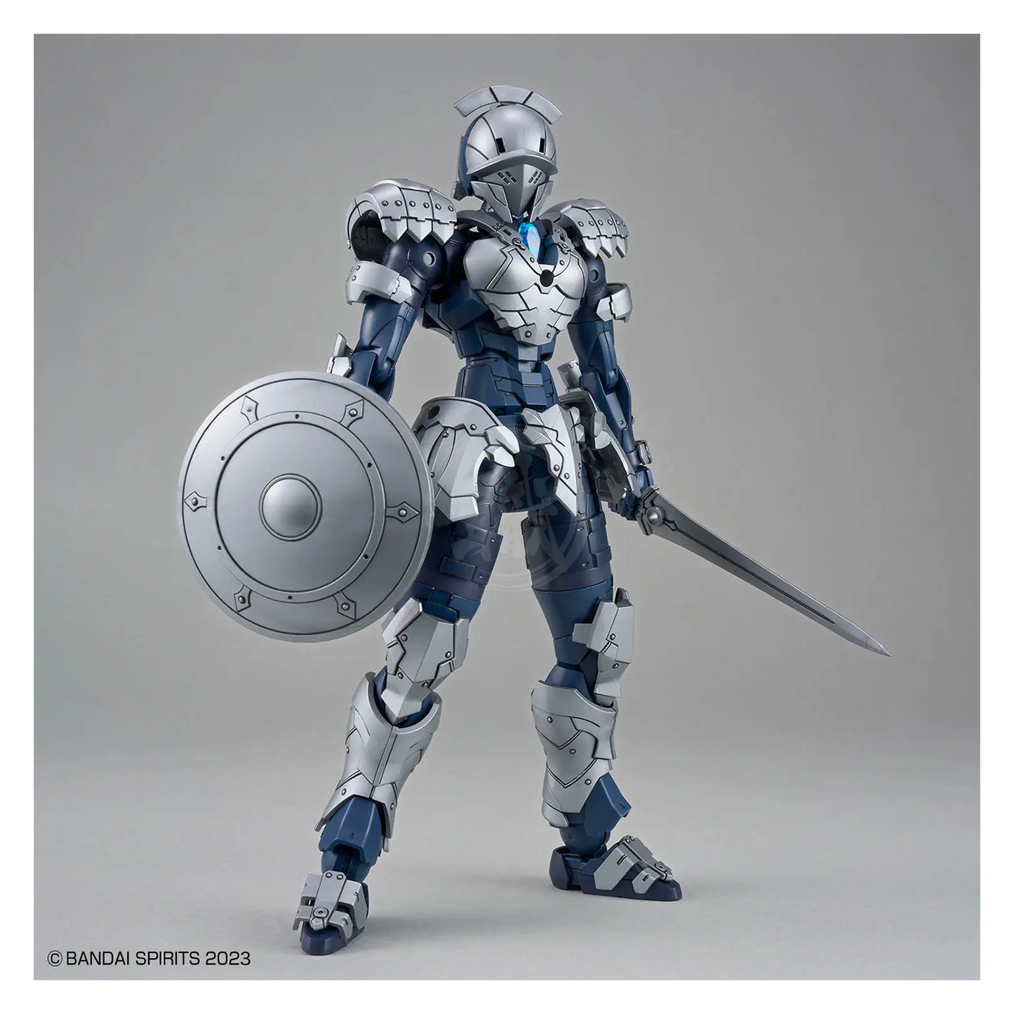 Bandai 30MF Rosan Swordman model kit with detailed armor, weapons, and vibrant colors, displayed on a white background.
