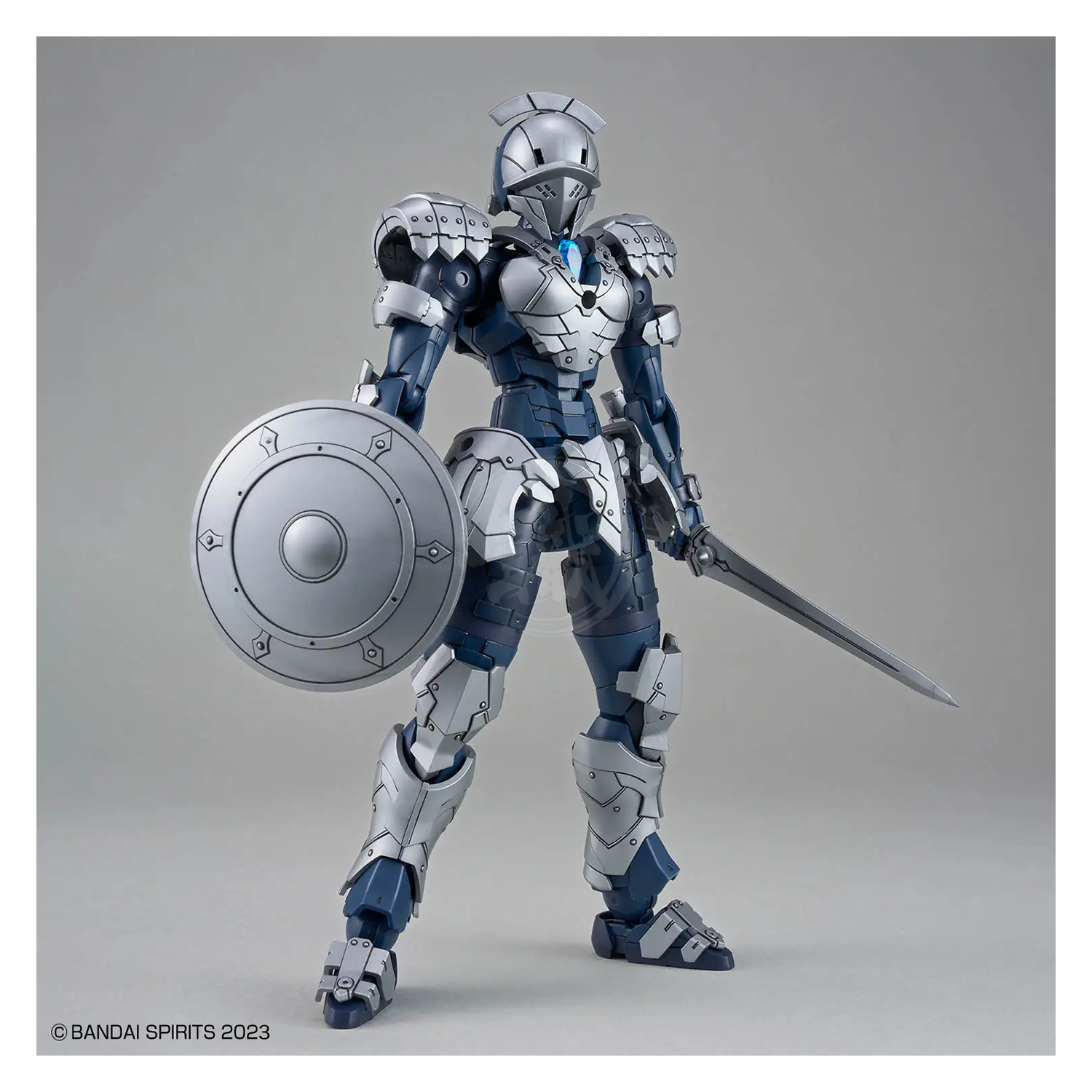 Bandai 30MF Rosan Swordman model kit with detailed armor, weapons, and vibrant colors, displayed on a white background.