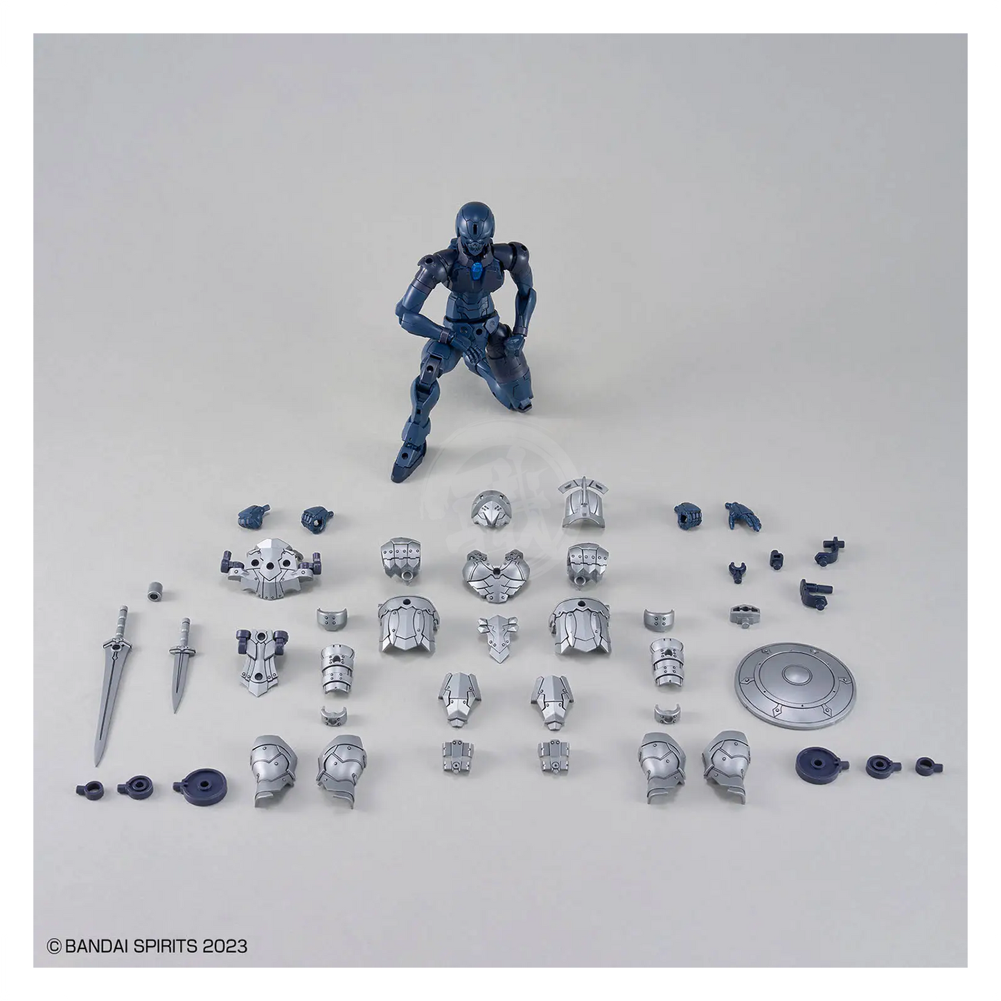 Bandai 30MF Rosan Swordman model kit with detailed robot figure, featuring intricate armor and weapon accessories.