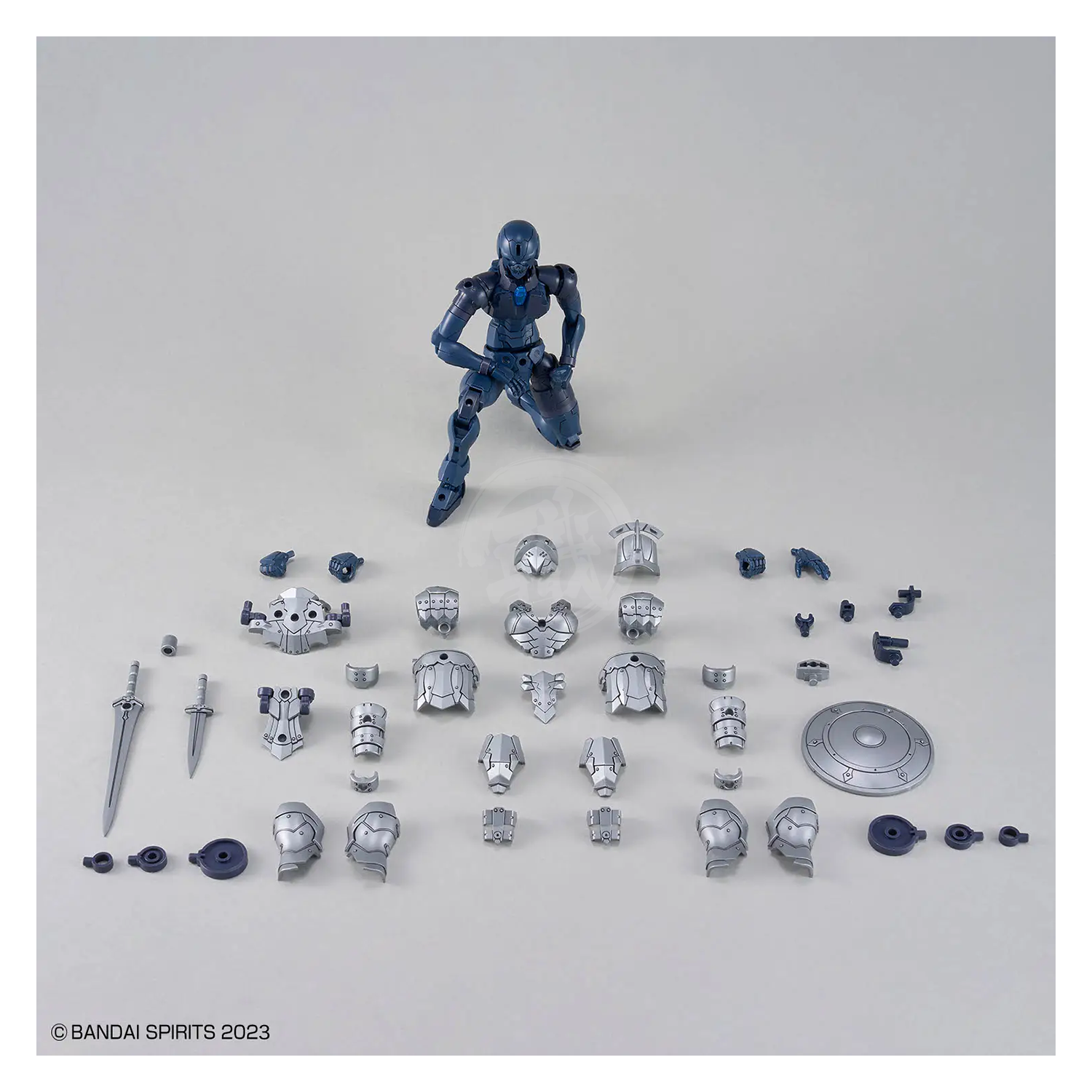 Bandai 30MF Rosan Swordman model kit with detailed robot figure, featuring intricate armor and weapon accessories.