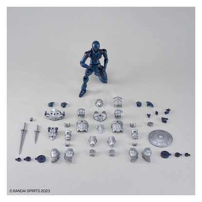 Bandai 30MF Rosan Swordman model kit with detailed robot figure, featuring intricate armor and weapon accessories.
