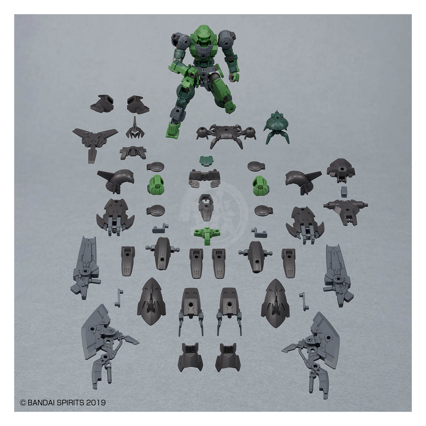 Bandai 30MM Full Armor Portanova model kit featuring detailed armor and weaponry, assembled and displayed on a plain background.