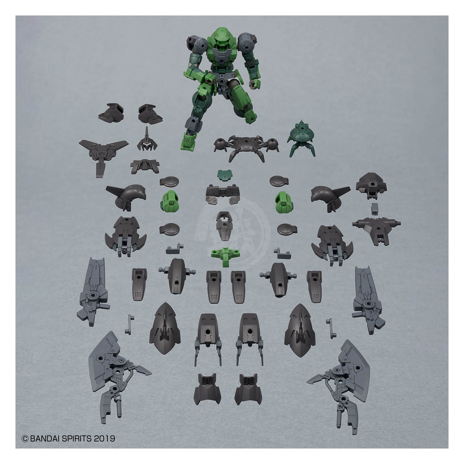 Bandai 30MM Full Armor Portanova model kit featuring detailed armor and weaponry, assembled and displayed on a plain background.