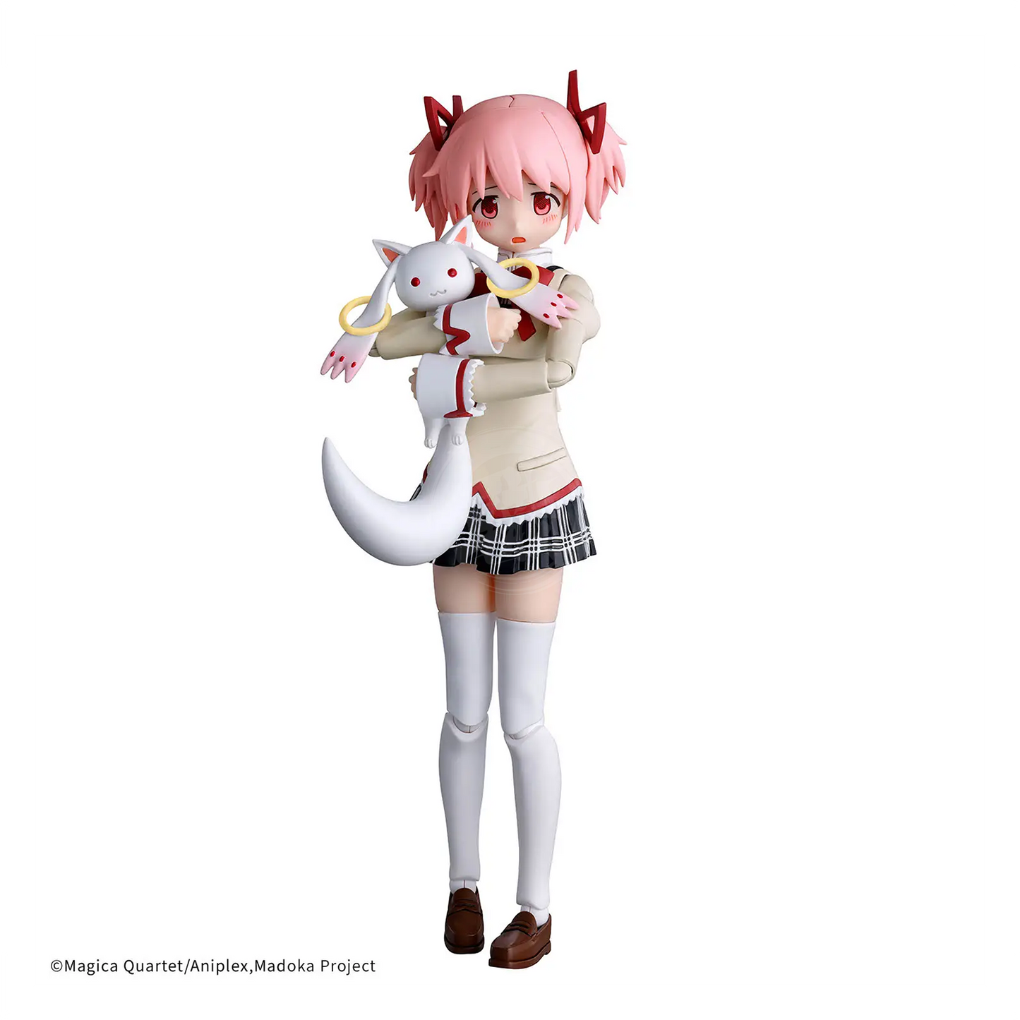Bandai 30MP Madoka Kaname model kit in school uniform, displayed assembled with detailed features and vibrant colors.