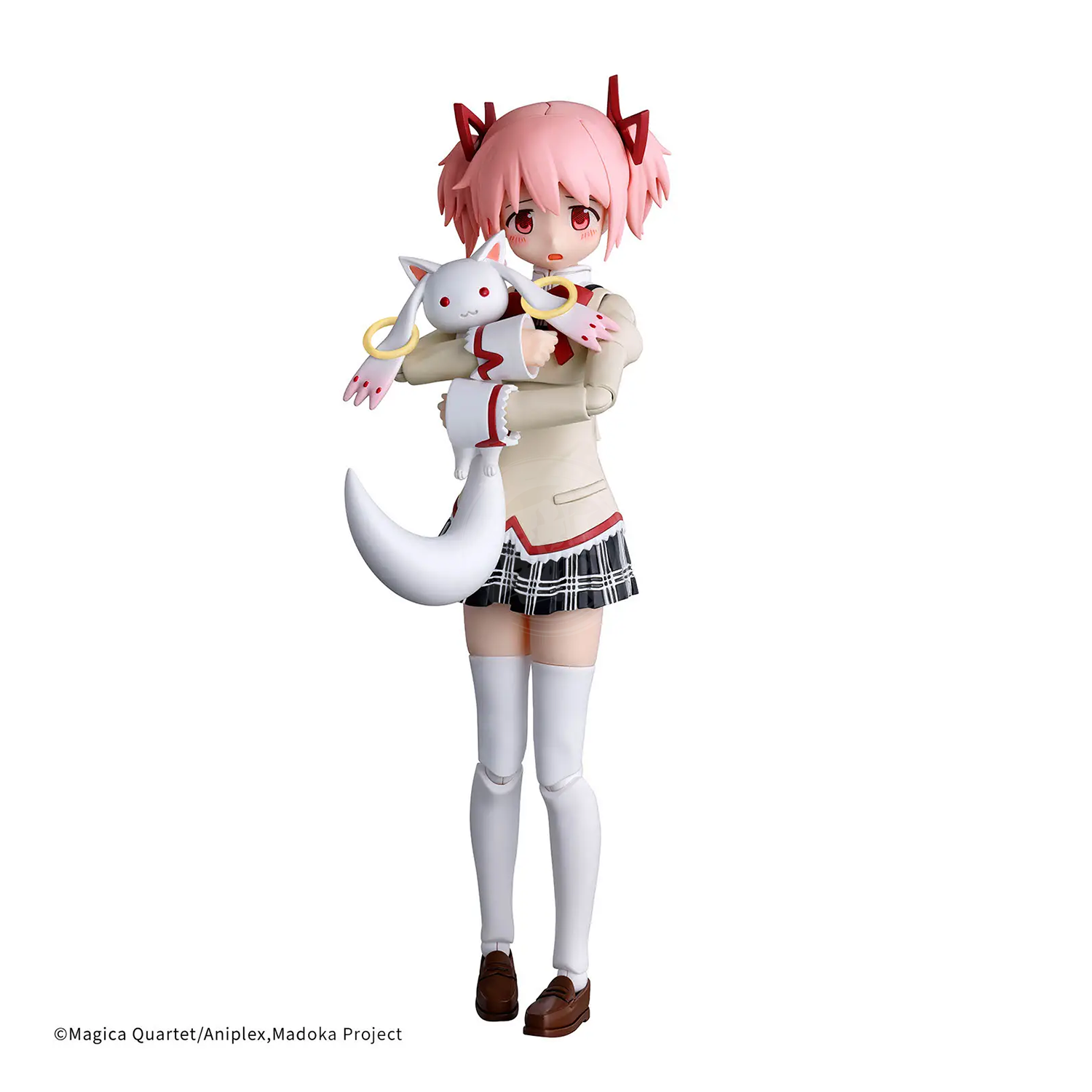 Bandai 30MP Madoka Kaname model kit in school uniform, displayed assembled with detailed features and vibrant colors.