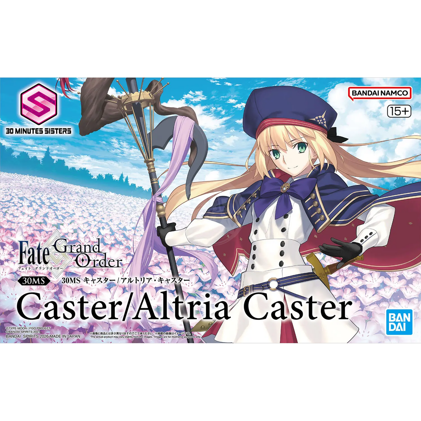 Bandai Fate Grand Order 30MS Caster model kit featuring detailed plastic parts and assembly components.