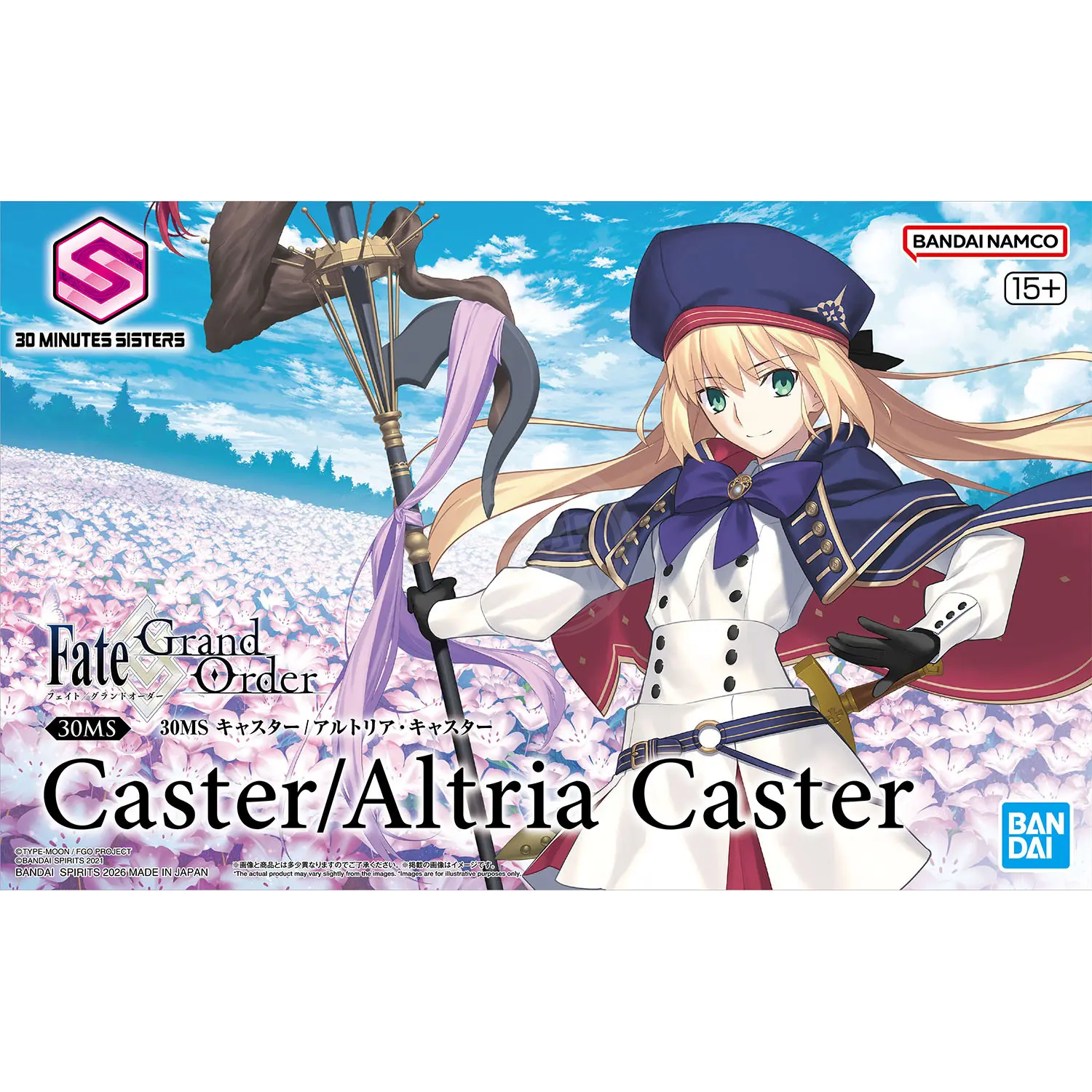 Bandai Fate Grand Order 30MS Caster model kit featuring detailed plastic parts and assembly components.