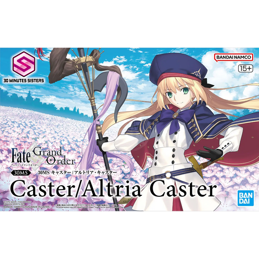 Bandai Fate/Grand Order 30MS Caster model kit featuring detailed parts and vibrant colors for collectible display.