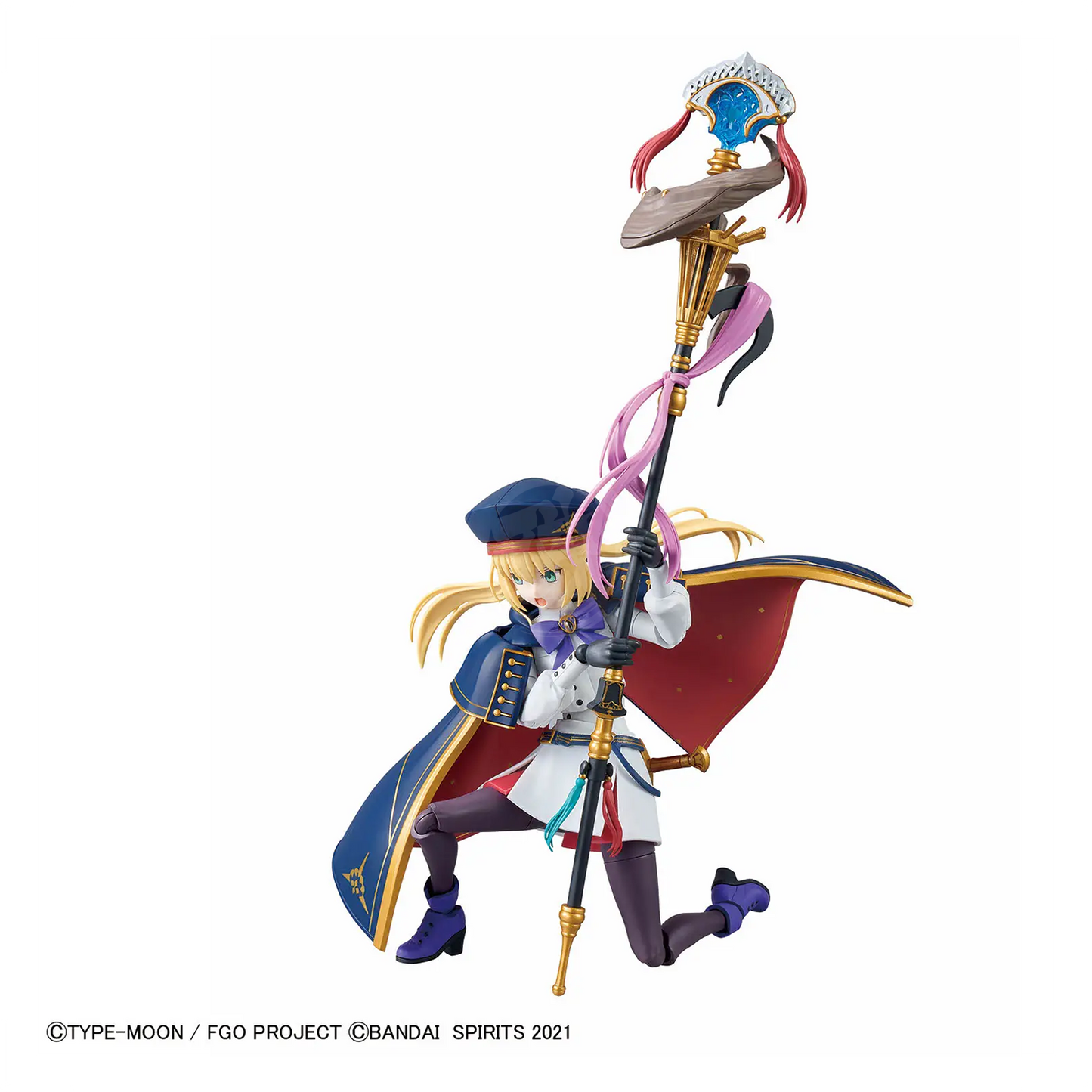 Bandai Fate/Grand Order 30MS Caster model kit featuring detailed Altria Caster figure with dynamic pose and intricate design.