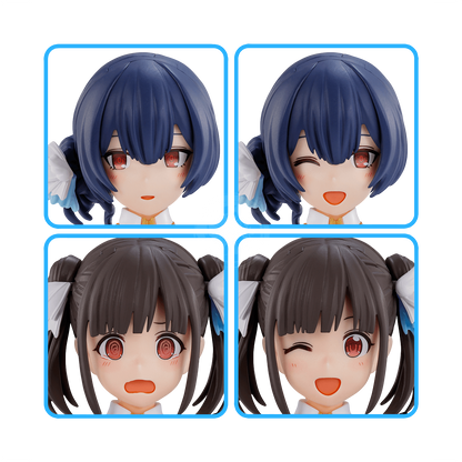 Bandai 30MS Option Hair Style & Face Parts Set model kit featuring Chiyoko Sonoda and Rinze Morino figures.