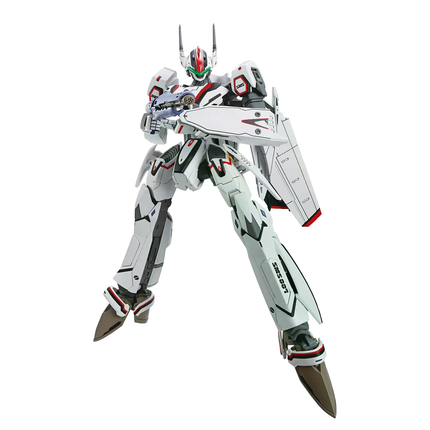 Bandai HG VF-25F Messiah Valkyrie Alto Custom model kit with detailed parts from the deluxe set, assembled for display.
